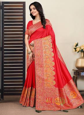 Premium red  row pashmina silk blend party wear saree with blouse 3