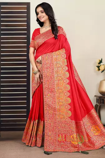 Premium red  row pashmina silk blend party wear saree with blouse