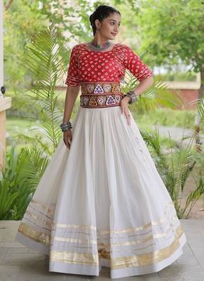 Navratri Cora Cotton Bandhej Lehenga Choli with Gamthi Embroidery Gota Patti & Lace Work - free size 3