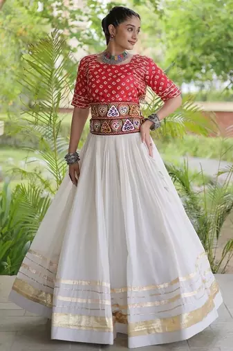 Navratri Cora Cotton Bandhej Lehenga Choli with Gamthi Embroidery Gota Patti & Lace Work - free size