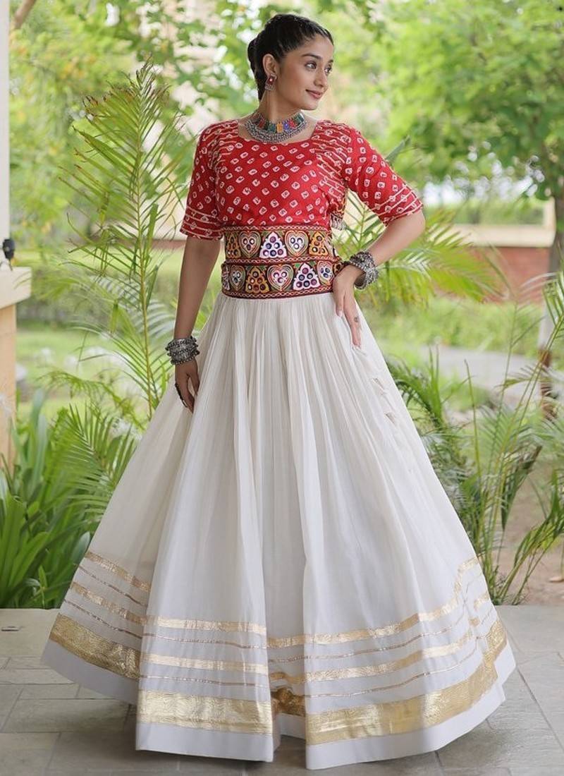 Navratri Cora Cotton Bandhej Lehenga Choli with Gamthi Embroidery Gota Patti & Lace Work - free size