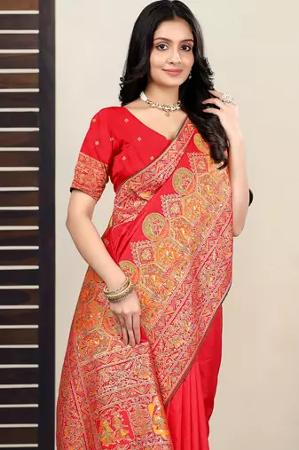 Premium red  row pashmina silk blend party wear saree with blouse