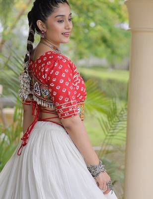 Navratri Cora Cotton Bandhej Lehenga Choli with Gamthi Embroidery Gota Patti & Lace Work - free size 4