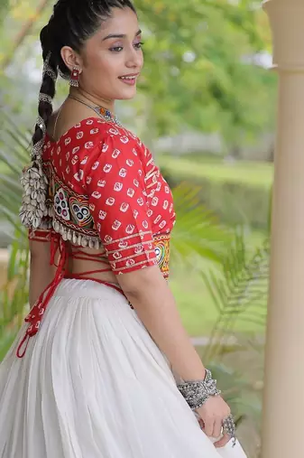Navratri Cora Cotton Bandhej Lehenga Choli with Gamthi Embroidery Gota Patti & Lace Work - free size