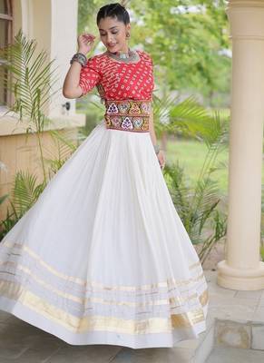 Navratri Cora Cotton Bandhej Lehenga Choli with Gamthi Embroidery Gota Patti & Lace Work - free size 5