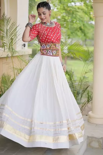 Navratri Cora Cotton Bandhej Lehenga Choli with Gamthi Embroidery Gota Patti & Lace Work - free size