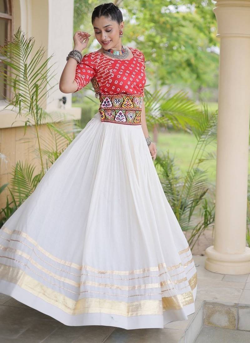 Navratri Cora Cotton Bandhej Lehenga Choli with Gamthi Embroidery Gota Patti & Lace Work - free size