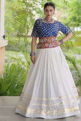 Navratri Cora Cotton Bandhej Lehenga Choli with Gamthi Embroidery Gota Patti & Lace Work - free size