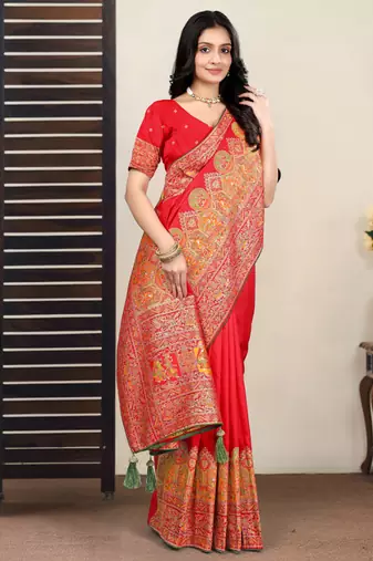 Premium red  row pashmina silk blend party wear saree with blouse