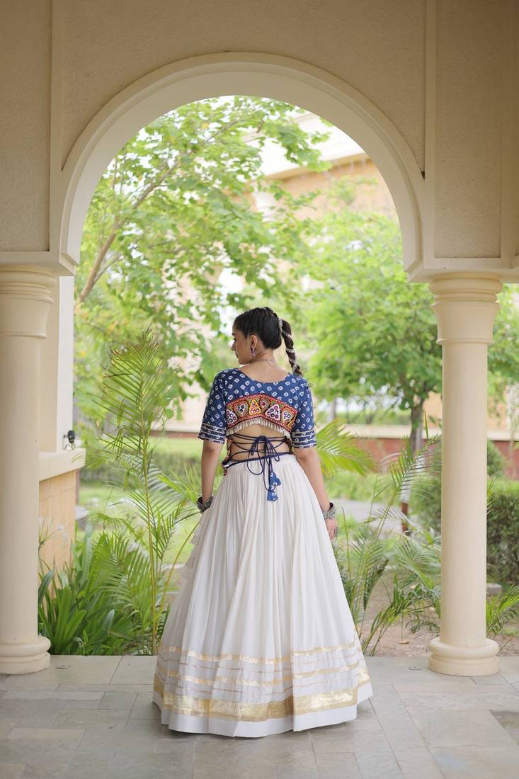 Navratri Cora Cotton Bandhej Lehenga Choli with Gamthi Embroidery Gota Patti & Lace Work - free size