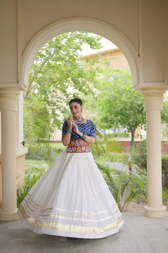 Navratri Cora Cotton Bandhej Lehenga Choli with Gamthi Embroidery Gota Patti & Lace Work - free size
