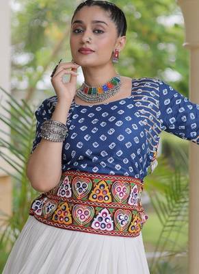Navratri Cora Cotton Bandhej Lehenga Choli with Gamthi Embroidery Gota Patti & Lace Work - free size 4