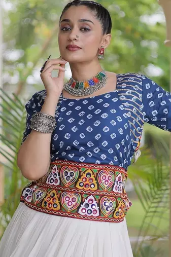 Navratri Cora Cotton Bandhej Lehenga Choli with Gamthi Embroidery Gota Patti & Lace Work - free size