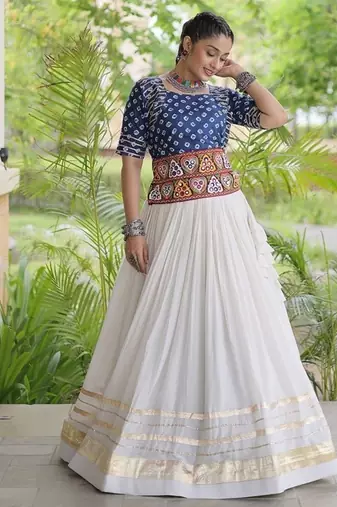 Navratri Cora Cotton Bandhej Lehenga Choli with Gamthi Embroidery Gota Patti & Lace Work - free size