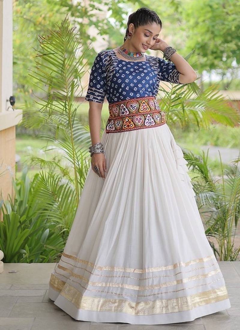 Navratri Cora Cotton Bandhej Lehenga Choli with Gamthi Embroidery Gota Patti & Lace Work - free size