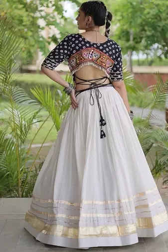 Navratri Cora Cotton Bandhej Lehenga Choli with Gamthi Embroidery Gota Patti & Lace Work - free size