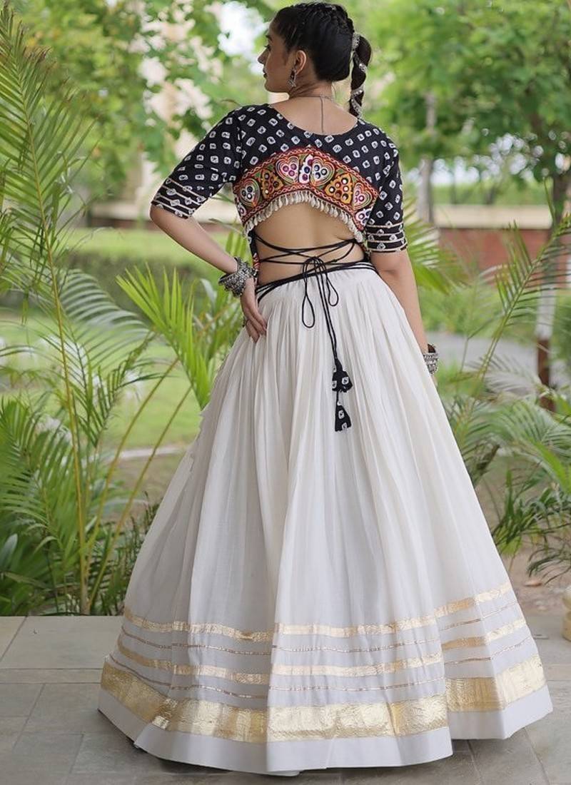 Navratri Cora Cotton Bandhej Lehenga Choli with Gamthi Embroidery Gota Patti & Lace Work - free size