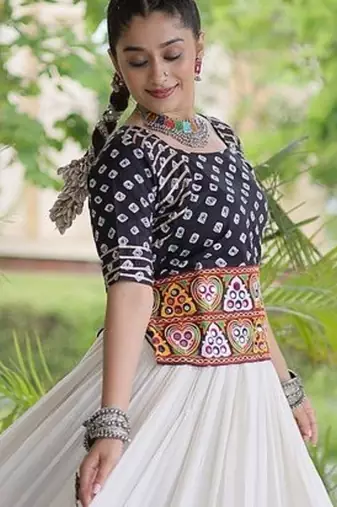 Navratri Cora Cotton Bandhej Lehenga Choli with Gamthi Embroidery Gota Patti & Lace Work - free size