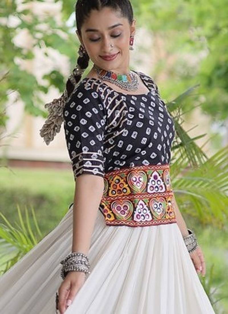 Navratri Cora Cotton Bandhej Lehenga Choli with Gamthi Embroidery Gota Patti & Lace Work - free size