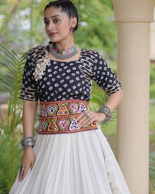 Navratri Cora Cotton Bandhej Lehenga Choli with Gamthi Embroidery Gota Patti & Lace Work - free size 4