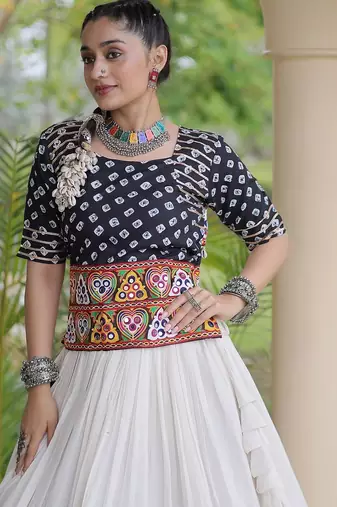 Navratri Cora Cotton Bandhej Lehenga Choli with Gamthi Embroidery Gota Patti & Lace Work - free size
