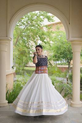 Navratri Cora Cotton Bandhej Lehenga Choli with Gamthi Embroidery Gota Patti & Lace Work - free size 5