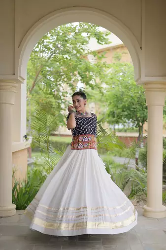 Navratri Cora Cotton Bandhej Lehenga Choli with Gamthi Embroidery Gota Patti & Lace Work - free size