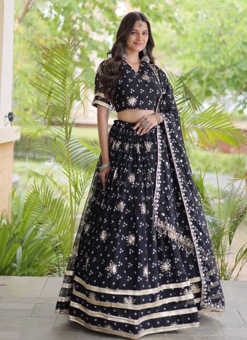 Navratri Bandhej Print Faux Georgette Lehenga Choli with Sequins Zari Embroidery & Gota Lace - free size