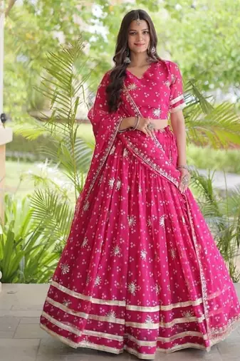 Navratri Bandhej Print Faux Georgette Lehenga Choli with Sequins Zari Embroidery & Gota Lace - free size