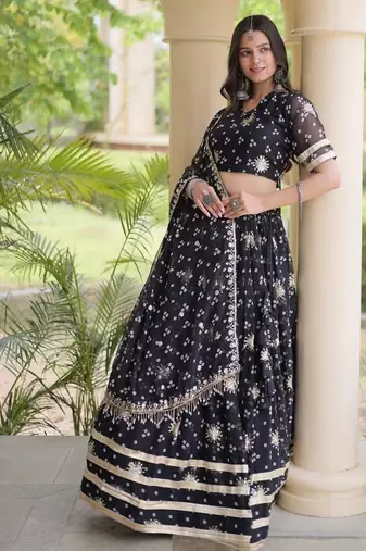 Navratri Bandhej Print Faux Georgette Lehenga Choli with Sequins Zari Embroidery & Gota Lace - free size