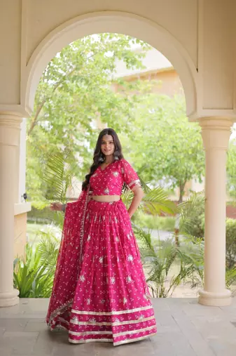 Navratri Bandhej Print Faux Georgette Lehenga Choli with Sequins Zari Embroidery & Gota Lace - free size