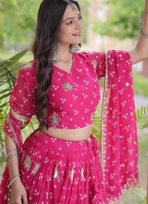 Navratri Bandhej Print Faux Georgette Lehenga Choli with Sequins Zari Embroidery & Gota Lace - free size 4