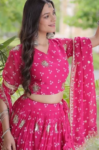Navratri Bandhej Print Faux Georgette Lehenga Choli with Sequins Zari Embroidery & Gota Lace - free size