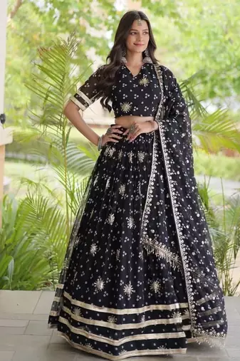 Navratri Bandhej Print Faux Georgette Lehenga Choli with Sequins Zari Embroidery & Gota Lace - free size