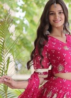 Navratri Bandhej Print Faux Georgette Lehenga Choli with Sequins Zari Embroidery & Gota Lace - free size 5