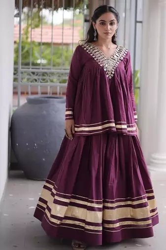 Navratri Kora Cotton Lehenga Choli with Zari Gota Patti & Real Mirror Work - free size