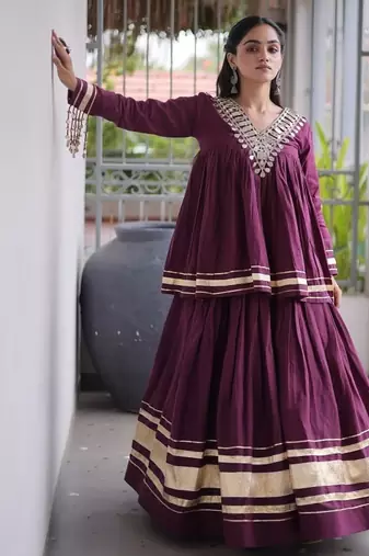 Navratri Kora Cotton Lehenga Choli with Zari Gota Patti & Real Mirror Work - free size