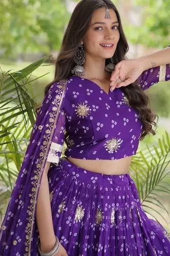 Navratri Bandhej Print Faux Georgette Lehenga Choli with Sequins Zari Embroidery & Gota Lace - free size