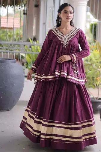 Navratri Kora Cotton Lehenga Choli with Zari Gota Patti & Real Mirror Work - free size