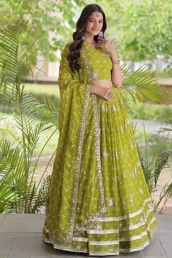 Women’s Navratri Special Bandhej Print Faux Georgette Lehenga Choli with Sequins, Zari Embroidery & Gota Lace