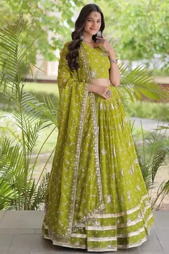 Women’s Navratri Special Bandhej Print Faux Georgette Lehenga Choli with Sequins, Zari Embroidery & Gota Lace