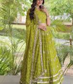 Women’s Navratri Special Bandhej Print Faux Georgette Lehenga Choli with Sequins, Zari Embroidery & Gota Lace