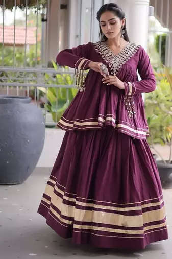 Navratri Kora Cotton Lehenga Choli with Zari Gota Patti & Real Mirror Work - free size