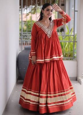 Navratri Special Women’s Kora Cotton Lehenga Choli with Zari Gota Patti & Real Mirror Work 1