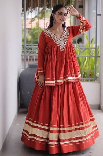 Navratri Special Women’s Kora Cotton Lehenga Choli with Zari Gota Patti & Real Mirror Work