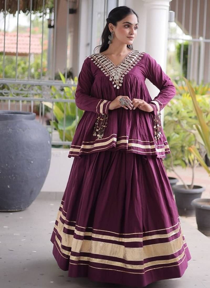 Navratri Kora Cotton Lehenga Choli with Zari Gota Patti & Real Mirror Work - free size