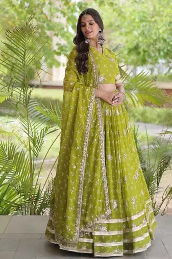 Women’s Navratri Special Bandhej Print Faux Georgette Lehenga Choli with Sequins, Zari Embroidery & Gota Lace