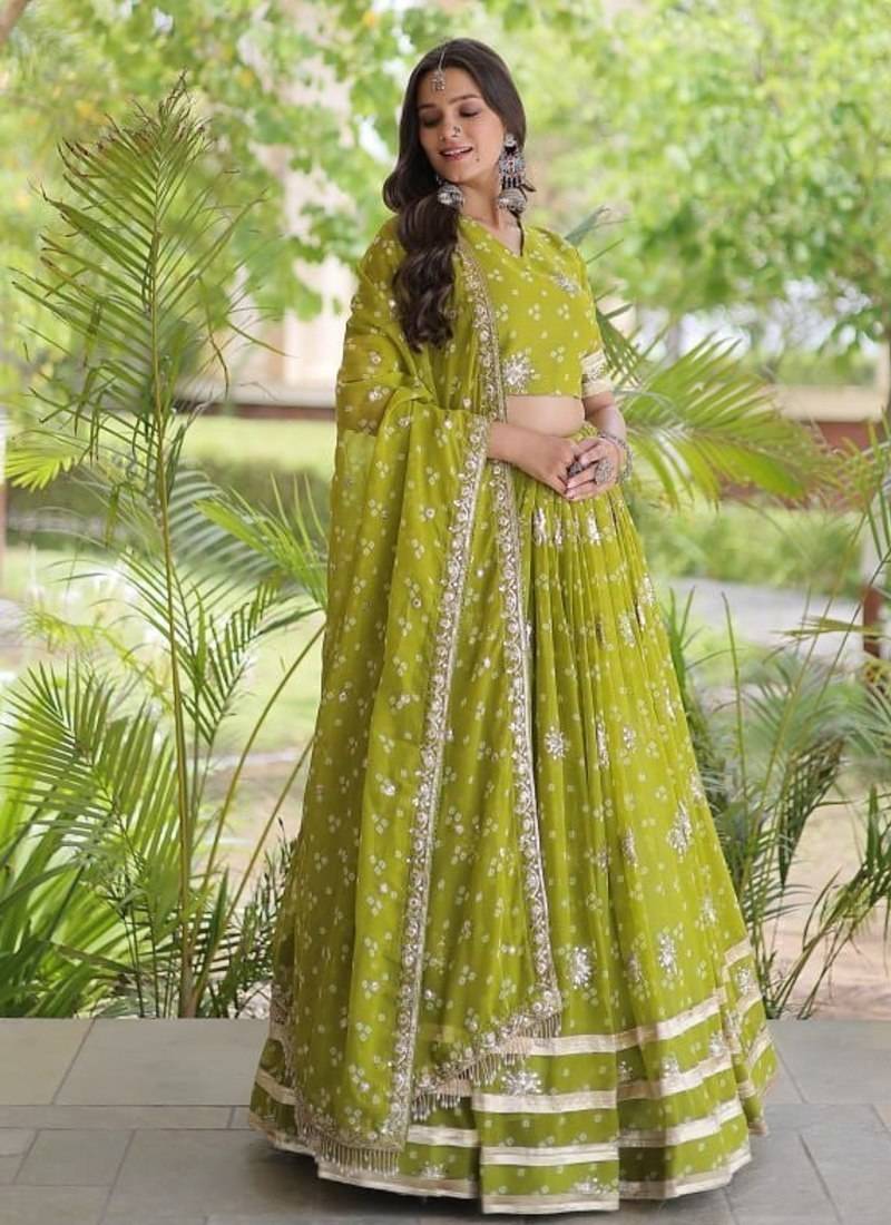 Women’s Navratri Special Bandhej Print Faux Georgette Lehenga Choli with Sequins, Zari Embroidery & Gota Lace