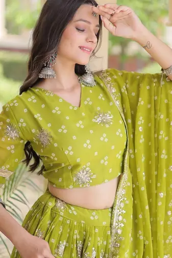 Women’s Navratri Special Bandhej Print Faux Georgette Lehenga Choli with Sequins, Zari Embroidery & Gota Lace