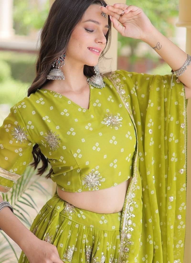 Women’s Navratri Special Bandhej Print Faux Georgette Lehenga Choli with Sequins, Zari Embroidery & Gota Lace